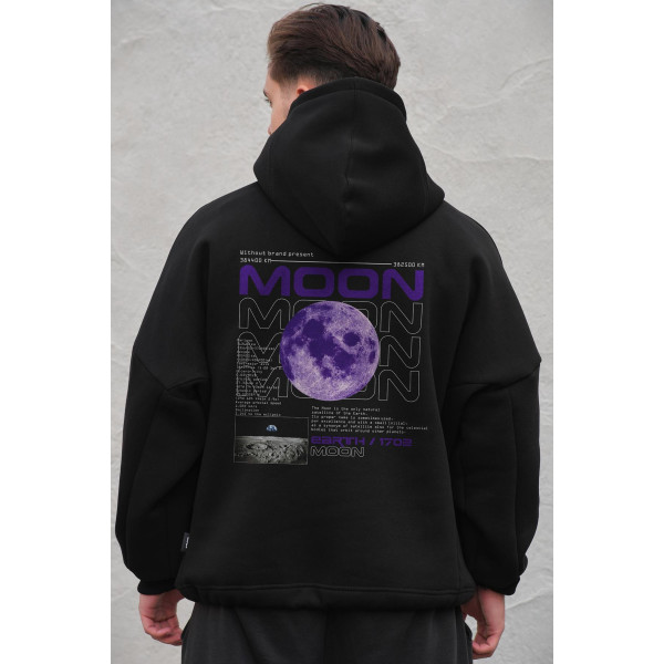 Чоловіче оверсайз худі толстовка на флісі з капюшоном та принтом Without Moon Black