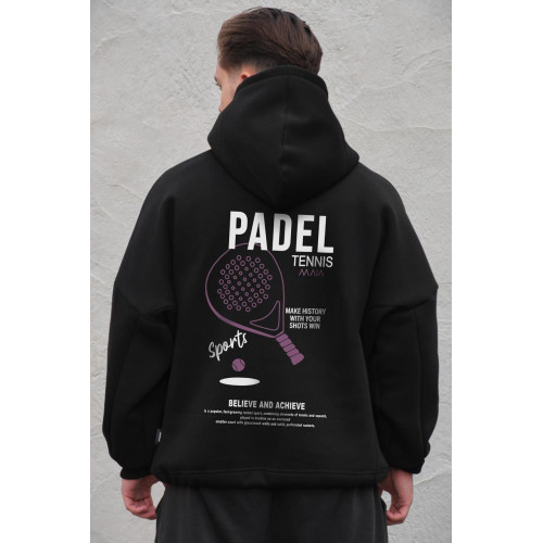 Худі оверсайз чоловіче на флісі з капюшоном, принт Padel Tennis, чорне