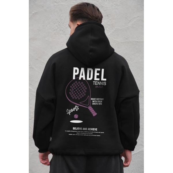 Чоловіче оверсайз худі толстовка на флісі з капюшоном та принтом Without Padel Tennis Black