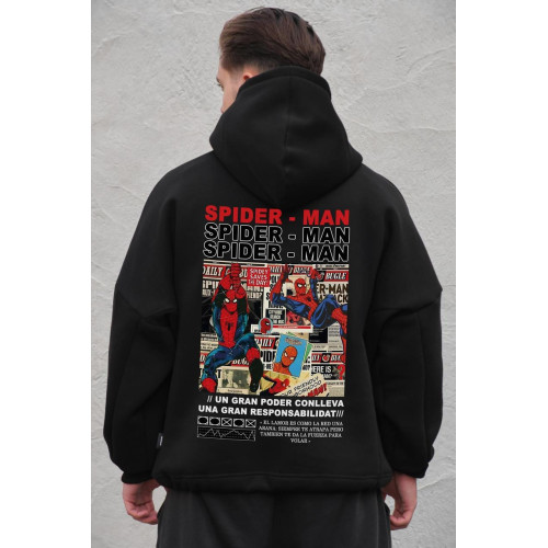 Чоловіче оверсайз худі толстовка на флісі з капюшоном та принтом Without Spider-Man Black
