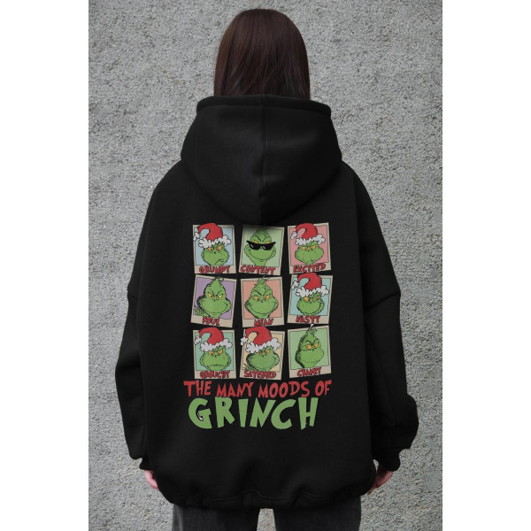 Худі оверсайз жіноче на флісі з капюшоном, принт Grinch, чорне