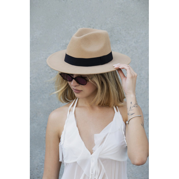 Жіночий капелюх Fedora з стрічкою Beige Without Brand
