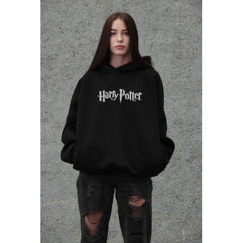 Худі оверсайз жіноче на флісі з капюшоном, принт Harry Potter, чорне