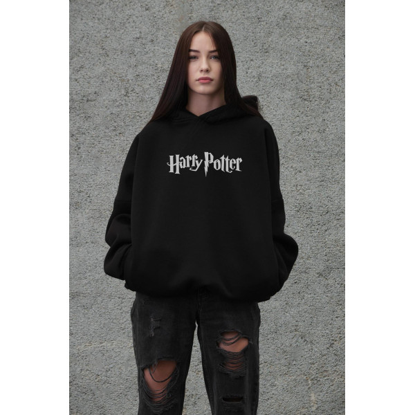 Жіноче оверсайз худі толстовка на флісі з капюшоном та принтом Without Harry Potter Black