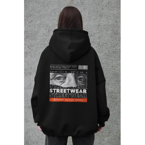 Худі оверсайз жіноче на флісі з капюшоном, принт Streetwear, чорне