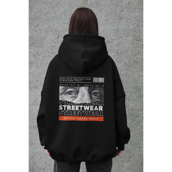 Худі оверсайз жіноче на флісі з капюшоном, принт Streetwear, чорне