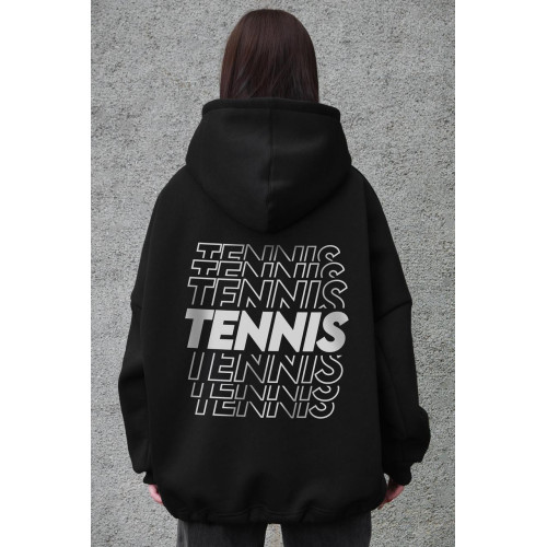 Жіноче оверсайз худі толстовка на флісі з капюшоном та принтом Without Tennis Black