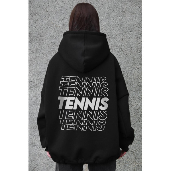 Худі оверсайз жіноче на флісі з капюшоном, принт Tennis, чорне