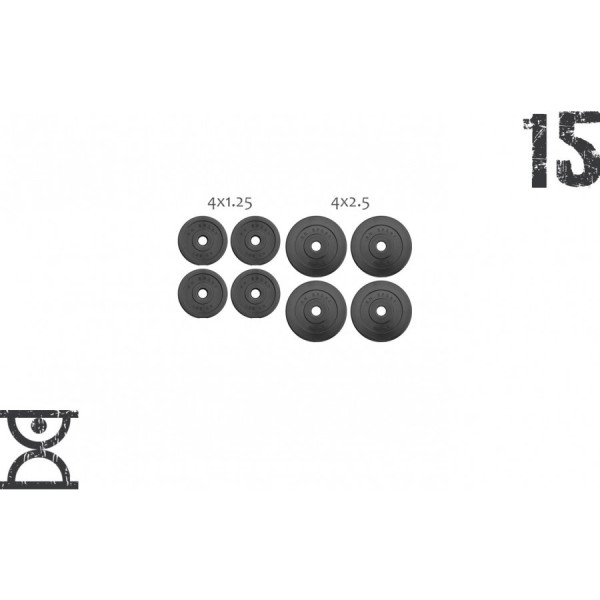 15 кг (4x1.25 та 4x2.5) дисків, покритих пластиком (31 мм)
