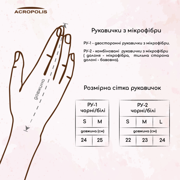Acropolis двосторонні чорні рукавички з мікрофібри для окулярів, ювелірних прикрас, годинників. Преміум клас. Розміри: S, M, L.