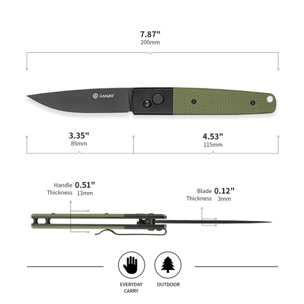 Ніж складаний туристичний Ganzo G721В (8.5 см) 440C / G10 зелений, чорний клинок