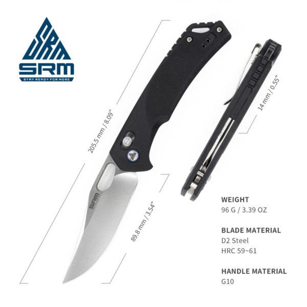 Ніж складаний туристичний SRM Retriever 9201 (9 см) D2 / G10 чорний