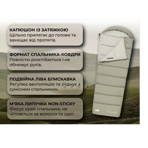 Спальний мішок з капюшоном Naturehike MS500 CNK2350WS023 правий, зелений
