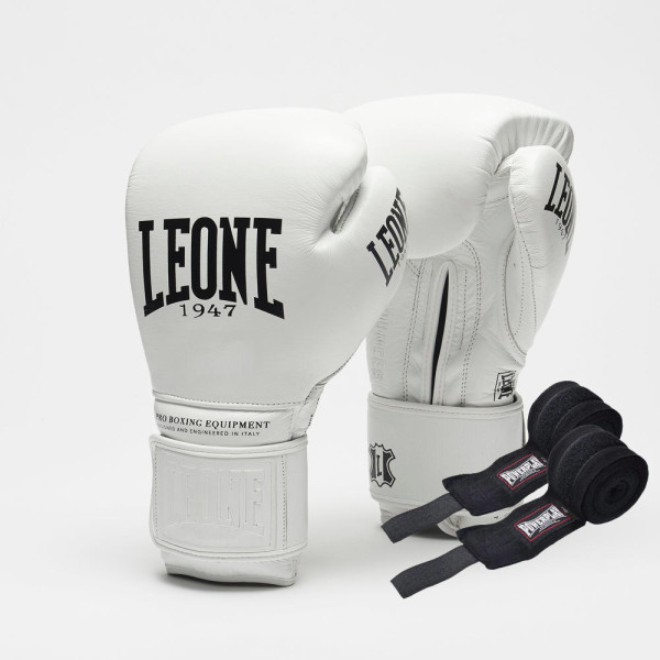Боксерські рукавиці Leone GN111 THE GREATEST White 16 унцій (бинти 4 м. в комплекті)