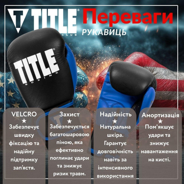 Боксерські рукавиці TITLE Boxing Dynamic Strike Black/Blue 12 oz (бинти 4м. у комплекті)